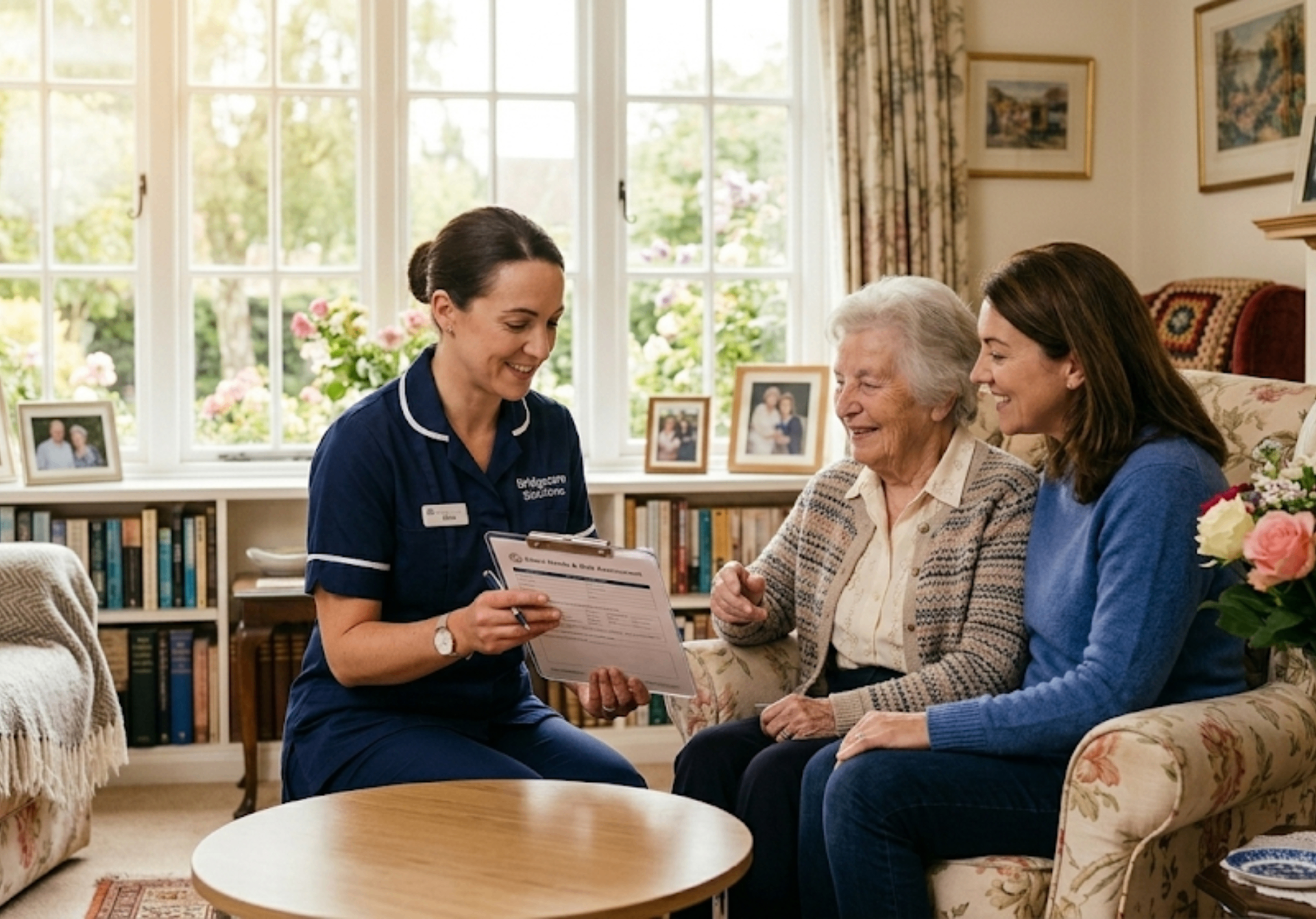 Bridgecare Solutions care coordinator conducting a free home assessment with elderly client and family in Hertfordshire