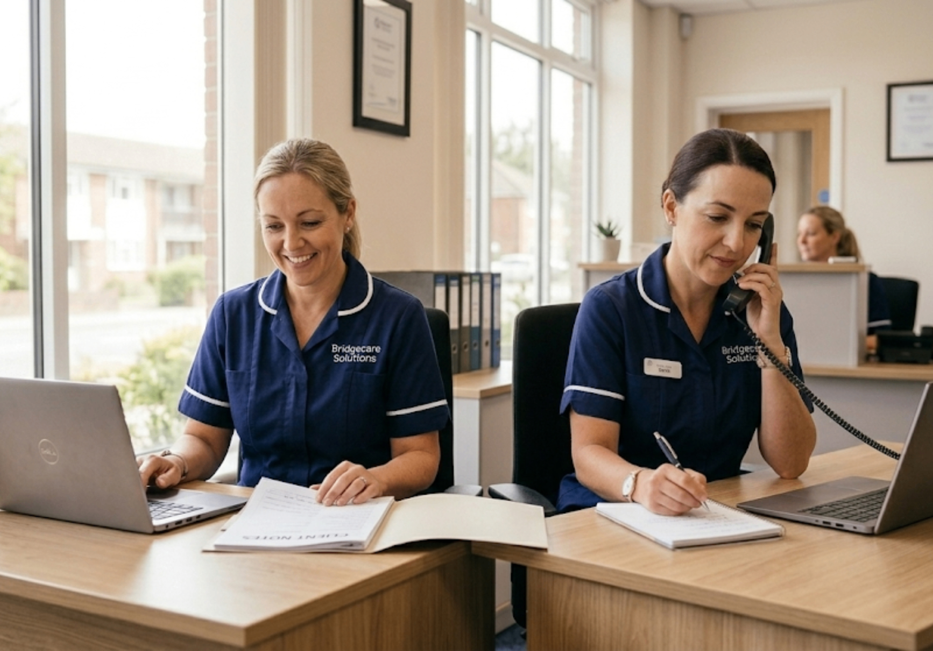Bridgecare Solutions care coordinators responding to home care enquiries at Stevenage office