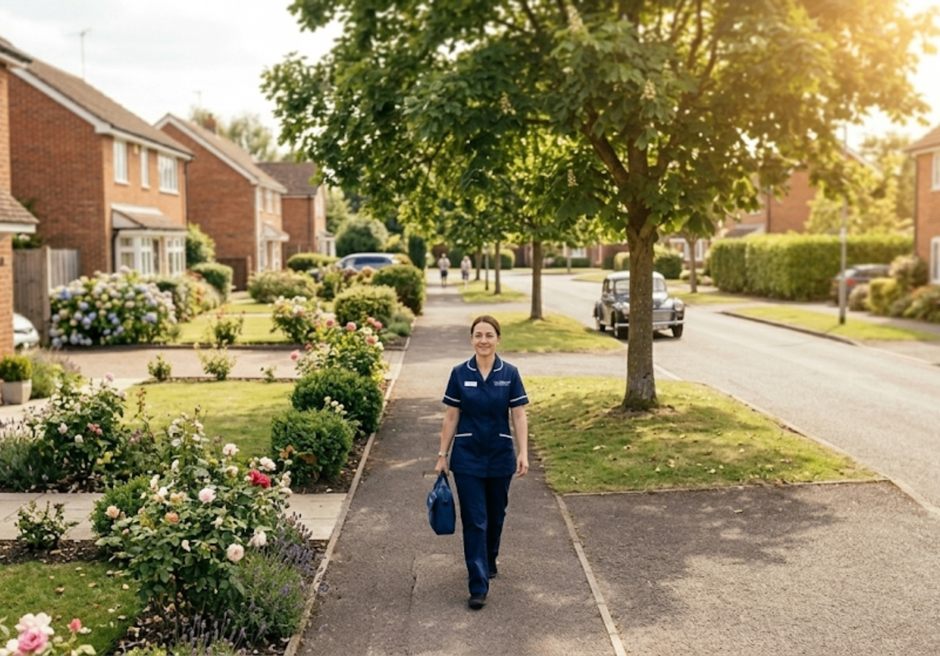 Bridgecare Solutions carer walking through Hertfordshire residential area providing local home care services