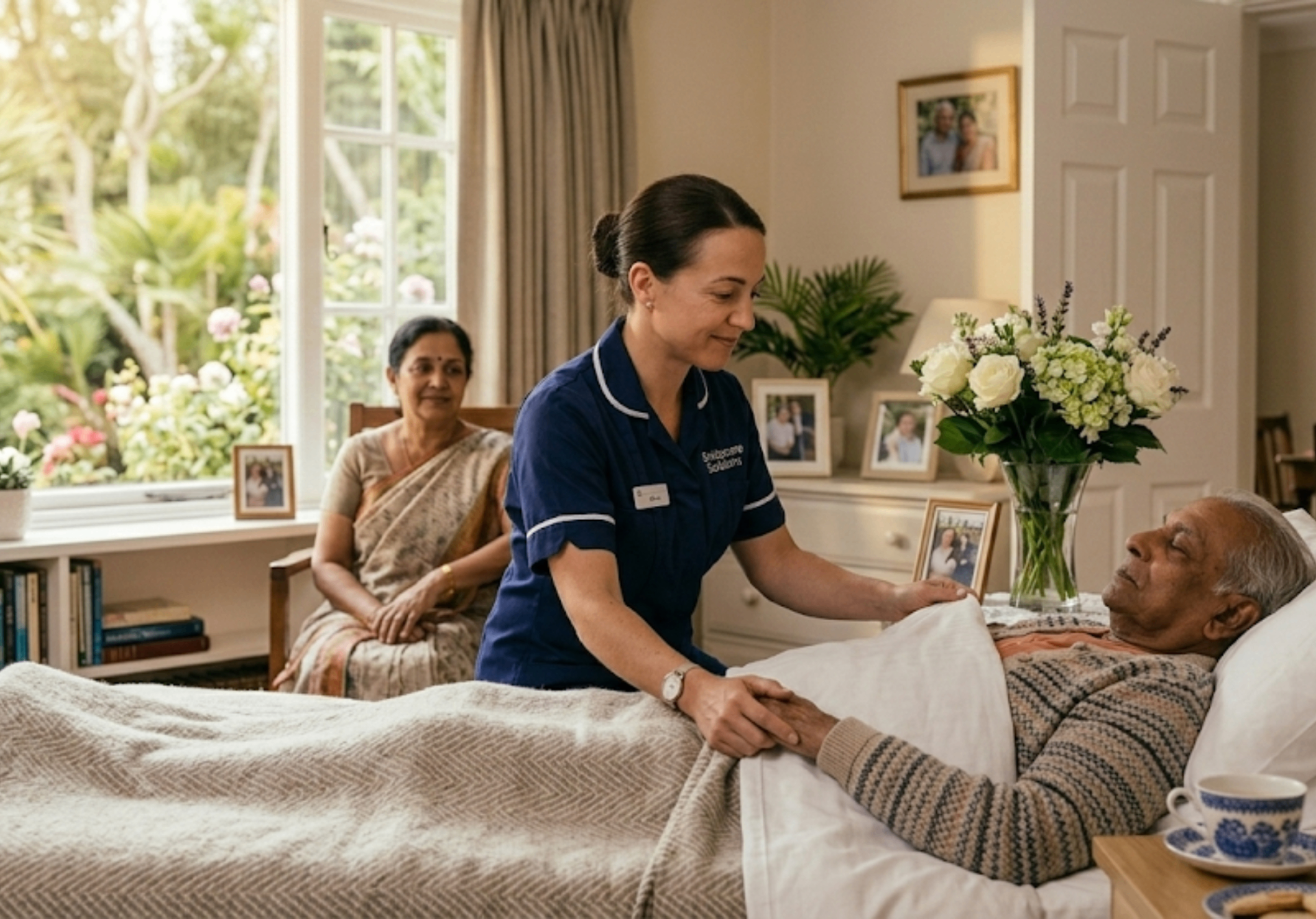 Bridgecare Solutions palliative care worker in navy uniform tenderly caring for resting elderly person in peaceful Hertfordshire bedroom