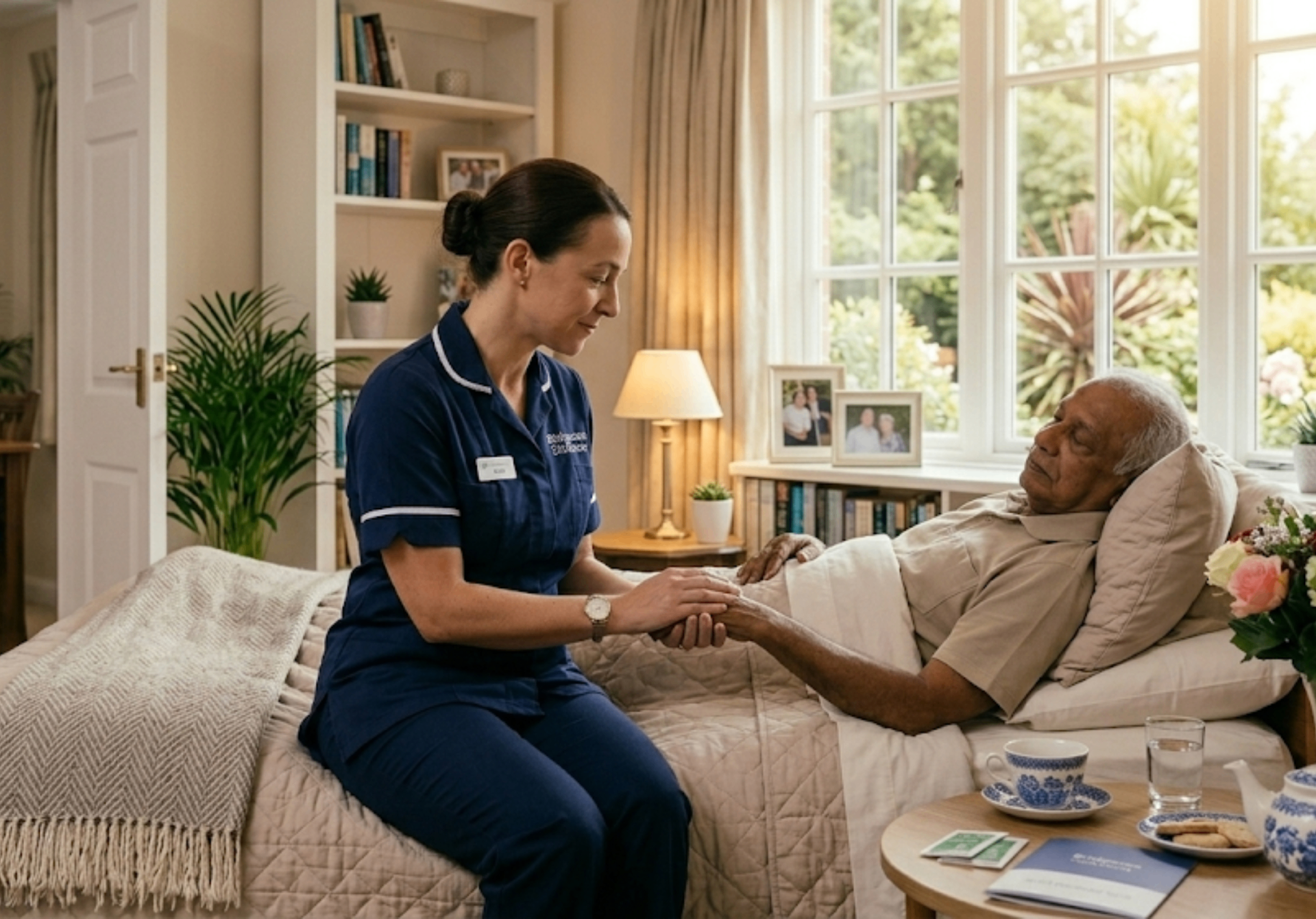 Bridgecare Solutions palliative carer in navy uniform sitting with elderly patient in peaceful Hertfordshire home bedroom