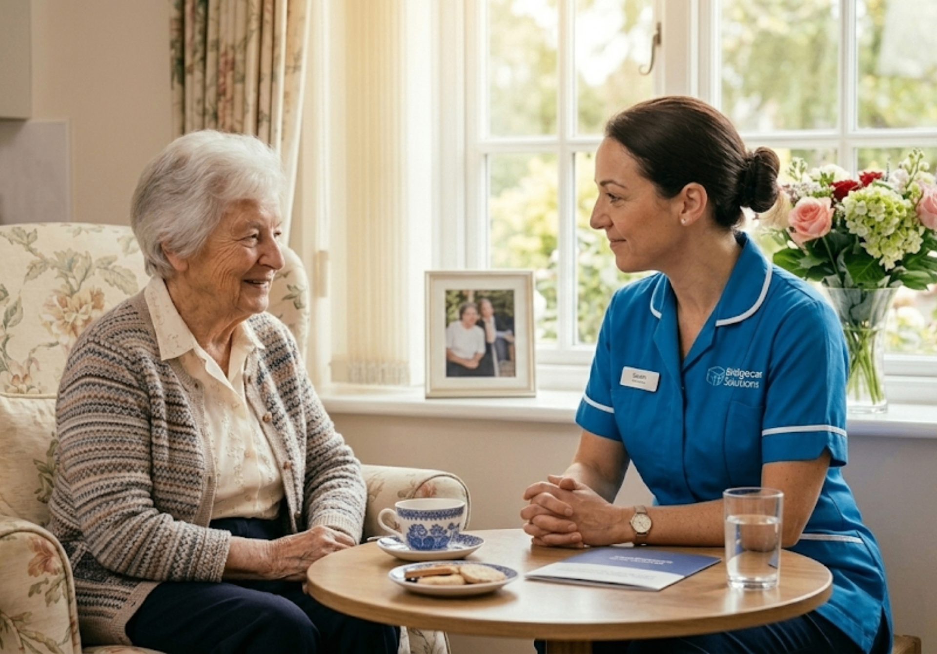 Bridgecare Solutions palliative care specialist in sky blue uniform listening compassionately to elderly woman near window in Hertfordshire home