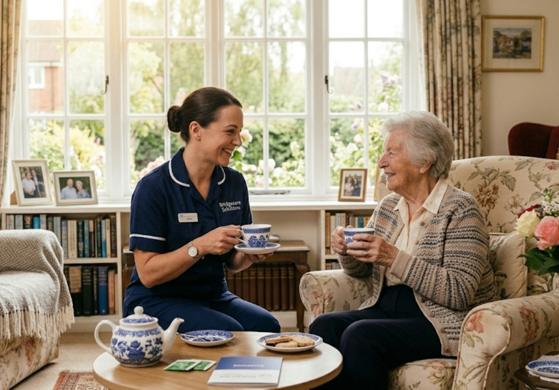 Bridgecare Solutions carer in navy uniform supporting elderly woman at home in Hertfordshire