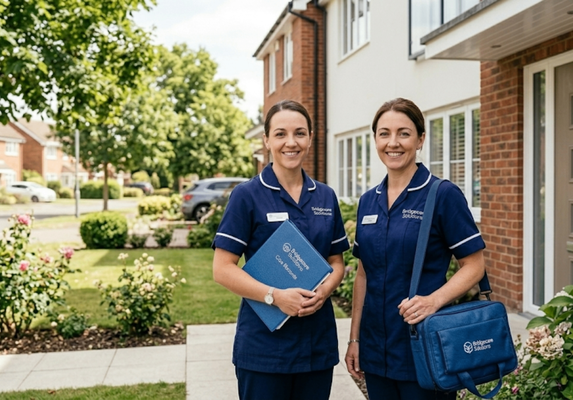 Two Bridgecare Solutions care professionals in navy uniform outside Hertfordshire residential home